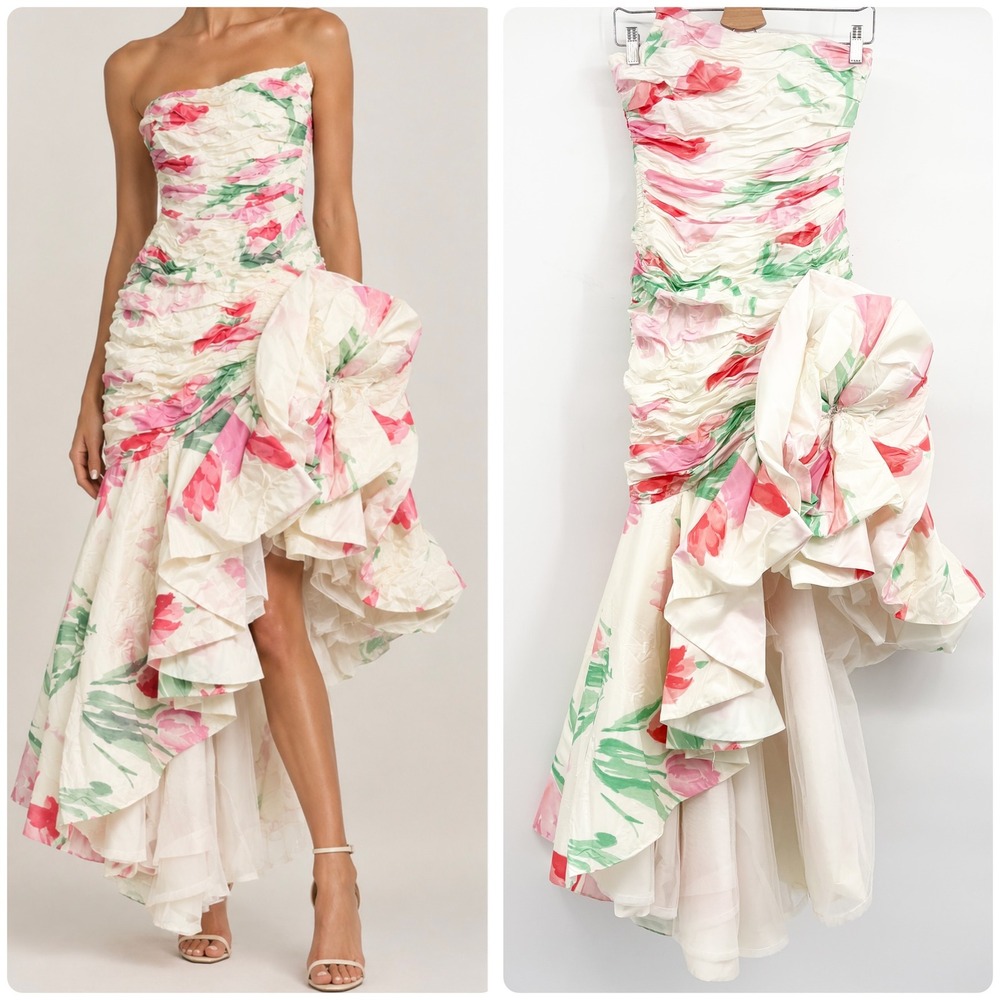 Victor Costa Vintage 80s Floral Ruched Rosette High Low Romantic Gala Prom Dress